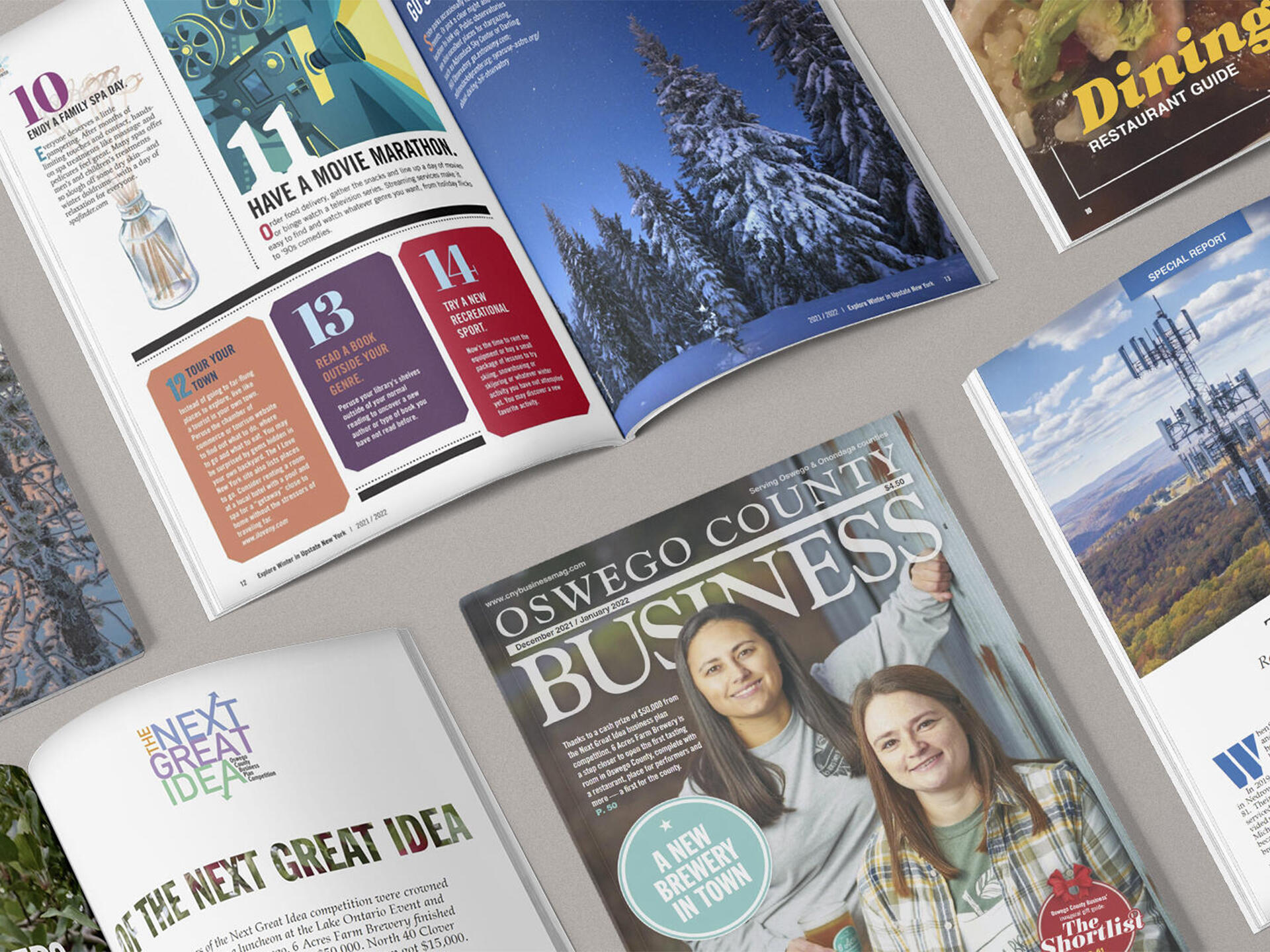 Hero image for Oswego County Business Magazine project, showcasing various magazine covers and pages.